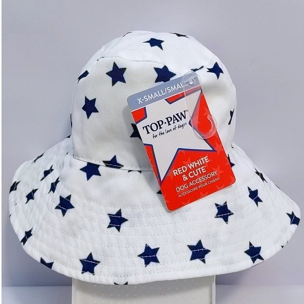 Top Paw Americana Dog Bucket Hat White Blue Stars 4th of July XS/S NWT‎ 2023